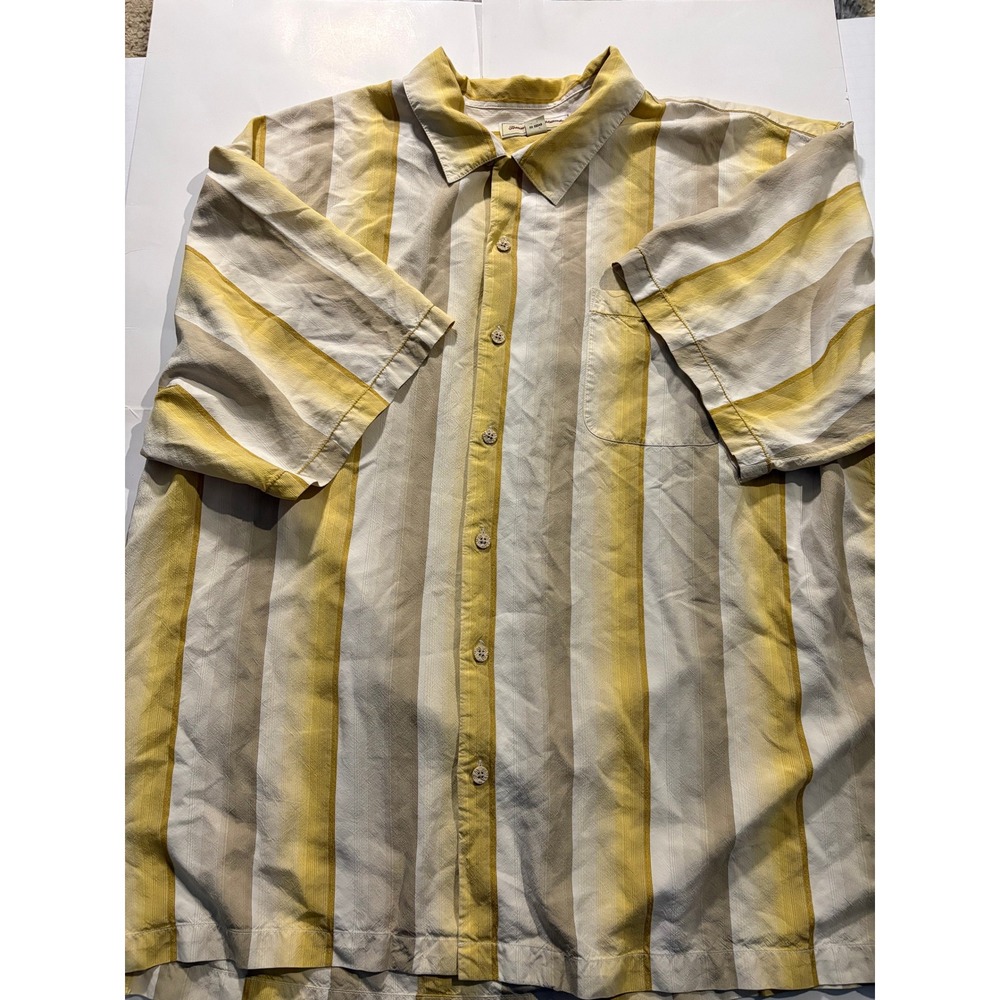 Tommy Bahama Mens XXL 100% Silk Striped Short‎ Sleeve Button Up Shirt Yellow Tan